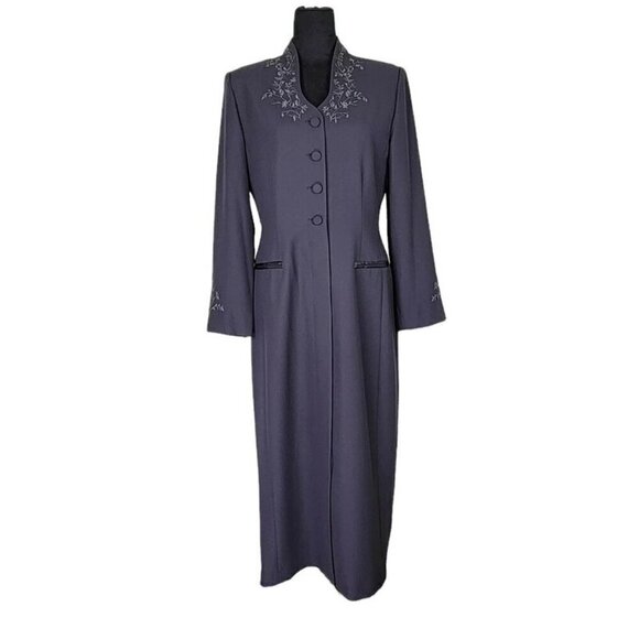 Jessica Howard Maxi Dress Size 10 Gray Embroided Stand Up Collar Button Front - Picture 1 of 12